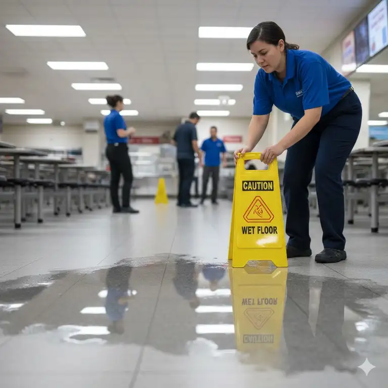 Worker placing a warning sign next to a spill is key for preventing falls on slippery floors.