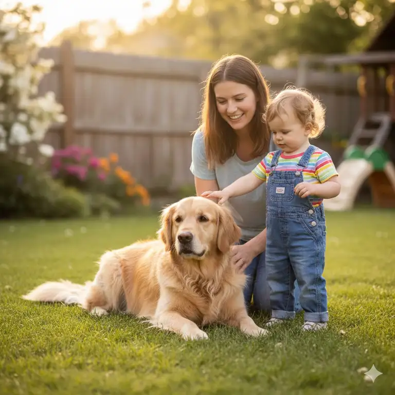 A golden retriever calmly lying down next to a toddler who is gently petting its back under the close supervision of an adult, illustrating pet safety around toddlers.