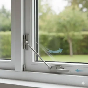 An illustration of a flexible cable window restrictor installed, showing how it limits the opening distance for keeping windows locked but ventilated.