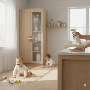 A smiling baby happily crawling on a floor cleaned using baby friendly cleaning products non toxic sprays.