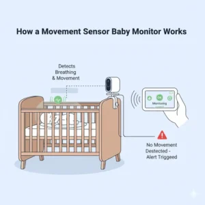 Diagram illustrating how a best baby monitor with movement sensor mat detects breathing and movement in the crib.