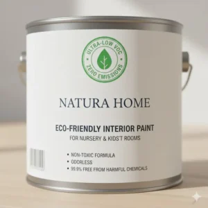 A close-up of a paint can label highlighting the low VOC certification, a key step in choosing low VOC paint for nursery.