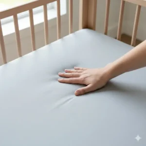 A hand testing mattress firmness to ensure it is an ideal sleep surface for newborn safety.