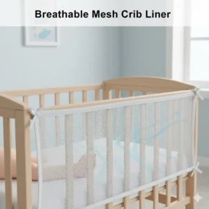 An illustration of a grey mesh liner installed in a crib, showcasing popular breathable crib bumpers alternatives for infant safety.