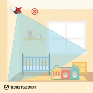 Diagram showing proper, high wifi camera security child proof settings placement to prevent a child from reaching or tampering with the device.