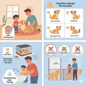 Diagram showing safe hand positioning and methods for teaching pet safety around toddlers through gentle petting.