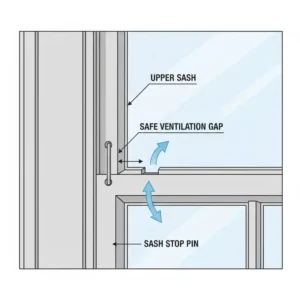 A diagram demonstrating the placement of a sash window stop pin, which allows safe keeping windows locked but ventilated airflow.