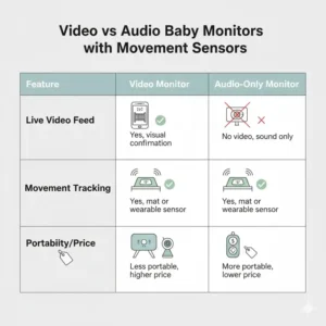 Comparison table showing the differences between video and audio best baby monitor with movement sensor features.