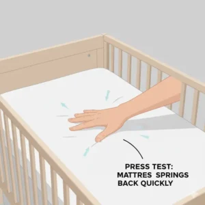 Diagram demonstrating the two-finger rule to ensure a crib mattress fits snugly against the frame without dangerous gaps.