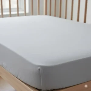 Close-up of a tight fitted sheet on a mattress to maintain the ideal sleep surface for newborn safety.