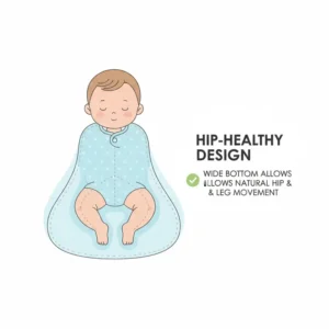 Illustration of a bell-shaped sleep sack bottom allowing for natural hip movement and leg flexion, adhering to baby sleep sack safety standards.