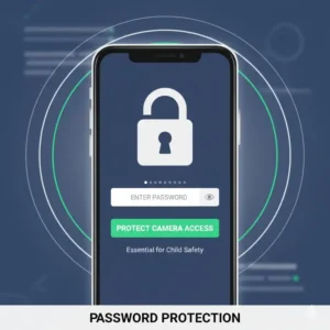 Illustration of a lock icon and password field, representing the essential use of password protection for wifi camera security child proof settings access.