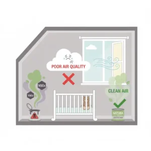 Diagram comparing standard paint with high VOCs to safe paint, emphasizing the importance of choosing low VOC paint for nursery air quality.