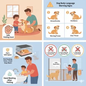 Visual guide to recognizing stressful dog body language signs that necessitate increased pet safety around toddlers.