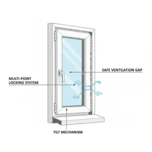 A cross-section diagram showing the mechanism of a tilt-and-turn window in the secure tilt position, perfect for keeping windows locked but ventilated.