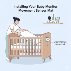 Parent installing the under-mattress sensor pad for the new best baby monitor with movement sensor in the crib.