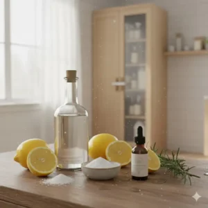 A parent's hand pointing to a 'plant-based' label on a bottle, verifying the contents are baby friendly cleaning products non toxic.