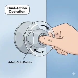Close-up showing how adults use the side holes to operate doors with child safety door knob covers.