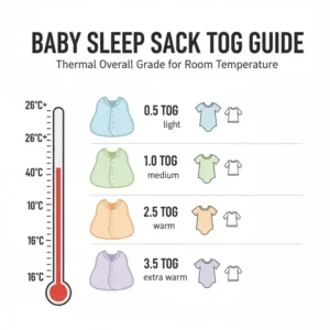 A safety chart explaining TOG ratings for baby sleep sacks to prevent overheating based on nursery temperature, following baby sleep sack safety standards.