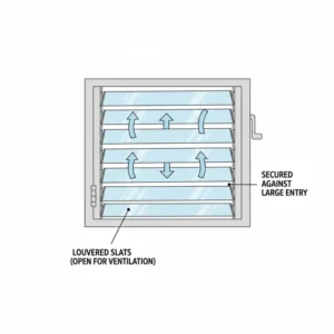 A technical drawing of a louvered (jalousie) window with the slats angled open, enabling keeping windows locked but ventilated securely.