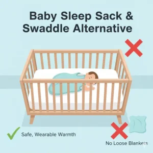 Illustration of a baby sleeping comfortably in a wearable blanket, an effective choice among breathable crib bumpers alternatives.