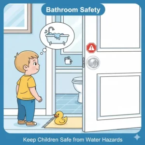 A bathroom door featuring child safety door knob covers to prevent unsupervised water access