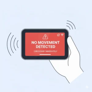 Close-up of a parent unit screen showing a "no movement detected" alert from the best baby monitor with movement sensor.