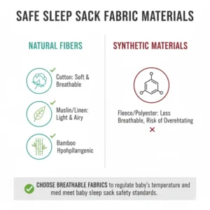 Illustration comparing breathable fabric types that meet baby sleep sack safety standards for temperature regulation.