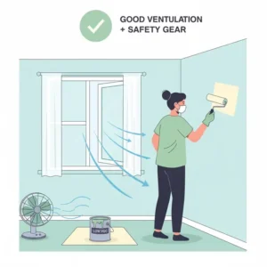 Illustration demonstrating proper ventilation and safety gear while painting, which is crucial when choosing low VOC paint for nursery projects.