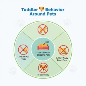 A simple chart summarizing important rules for promoting better pet safety around toddlers regarding their interaction.