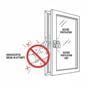 A drawing of a hand attempting to push a window open from the outside, illustrating how the secure lock helps with keeping windows locked but ventilated.