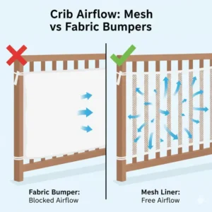 Visual comparison of air circulation between standard padding and modern breathable crib bumpers alternatives.