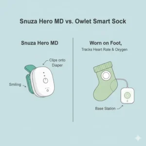 Side-by-side photo comparison of a Snuza portable clip-on sensor and an Owlet Smart Sock, two types of wearable best baby monitor with movement sensor.