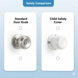 Visual comparison between a regular metal handle and one protected by child safety door knob covers.