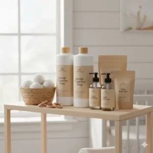 Grouping of laundry detergent and dish soap, essential baby friendly cleaning products non toxic for washing bottles and clothes.