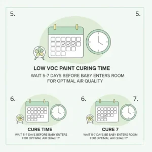 A visual guide showing the recommended curing time, a factor to consider after choosing low VOC paint for nursery and applying it.