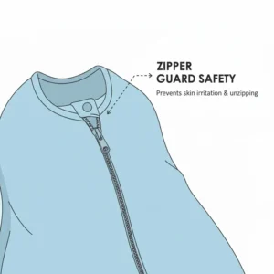 Illustration of a protective zipper tab on a baby sleep sack to prevent skin irritation and accidental unzipping, in line with baby sleep sack safety standards.