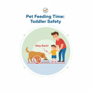 A graphic illustrating that pet safety around toddlers requires keeping children away from the food bowl during mealtime.