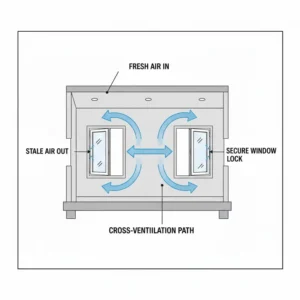 A simple diagram with blue arrows showing optimal cross-ventilation through a small, secured opening, demonstrating keeping windows locked but ventilated.