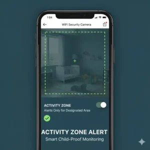 Diagram showing an activity zone being defined in the app for wifi camera security child proof settings to focus monitoring on specific areas.