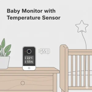 Nursery shot showing the best baby monitor with movement sensor camera unit with a built-in room temperature and humidity display.