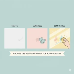 Side-by-side swatches comparing paint finishes like eggshell and semi-gloss, helping parents with the final decisions after choosing low VOC paint for nursery.