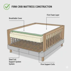 Illustration of safety certification labels to look for when following safe crib mattress firmness guidelines.