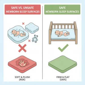 Graphic comparing soft versus firm bedding to identify the ideal sleep surface for newborn safety.