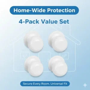 A complete home set featuring a four-pack of white universal fit child safety door knob covers.