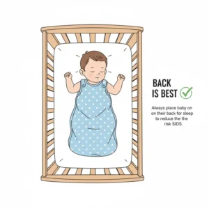Illustration of a baby lying on their back in a sleep sack, following AAP safe sleep and baby sleep sack safety standards.