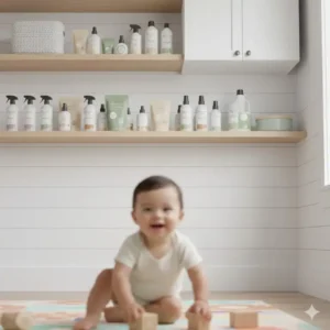 Bottles of baby friendly cleaning products non toxic stored securely in a high cabinet, out of a child's reach.