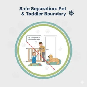 Photo of a baby gate separating a pet and a child, a key method for physical separation and upholding pet safety around toddlers.