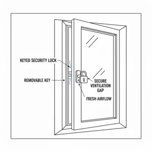 An illustration of a keyed window security catch or latch, ensuring the window remains in a fixed position for keeping windows locked but ventilated.