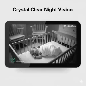 Black and white screenshot of excellent night vision footage from a best baby monitor with movement sensor.